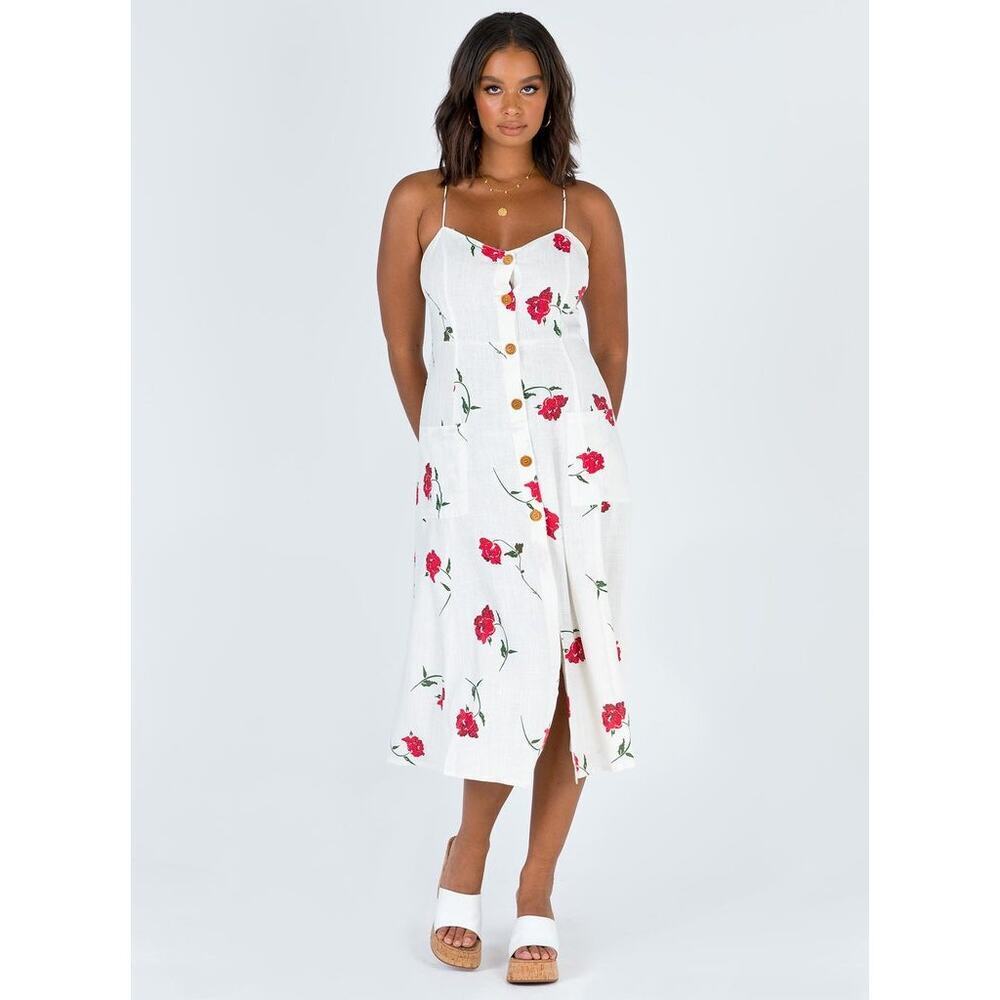 Princess Polly Women's Floral Print Button Down‎ Midi Dress Size 4 White Red